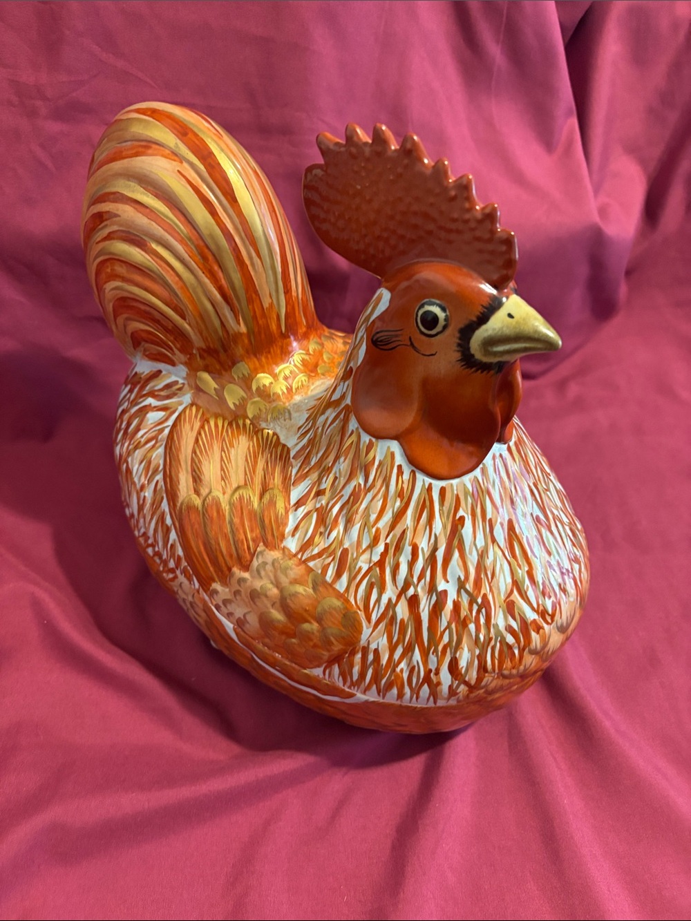 Mottahedeh Hand-Painted Orange and Gold Ceramic Rooster Figurine